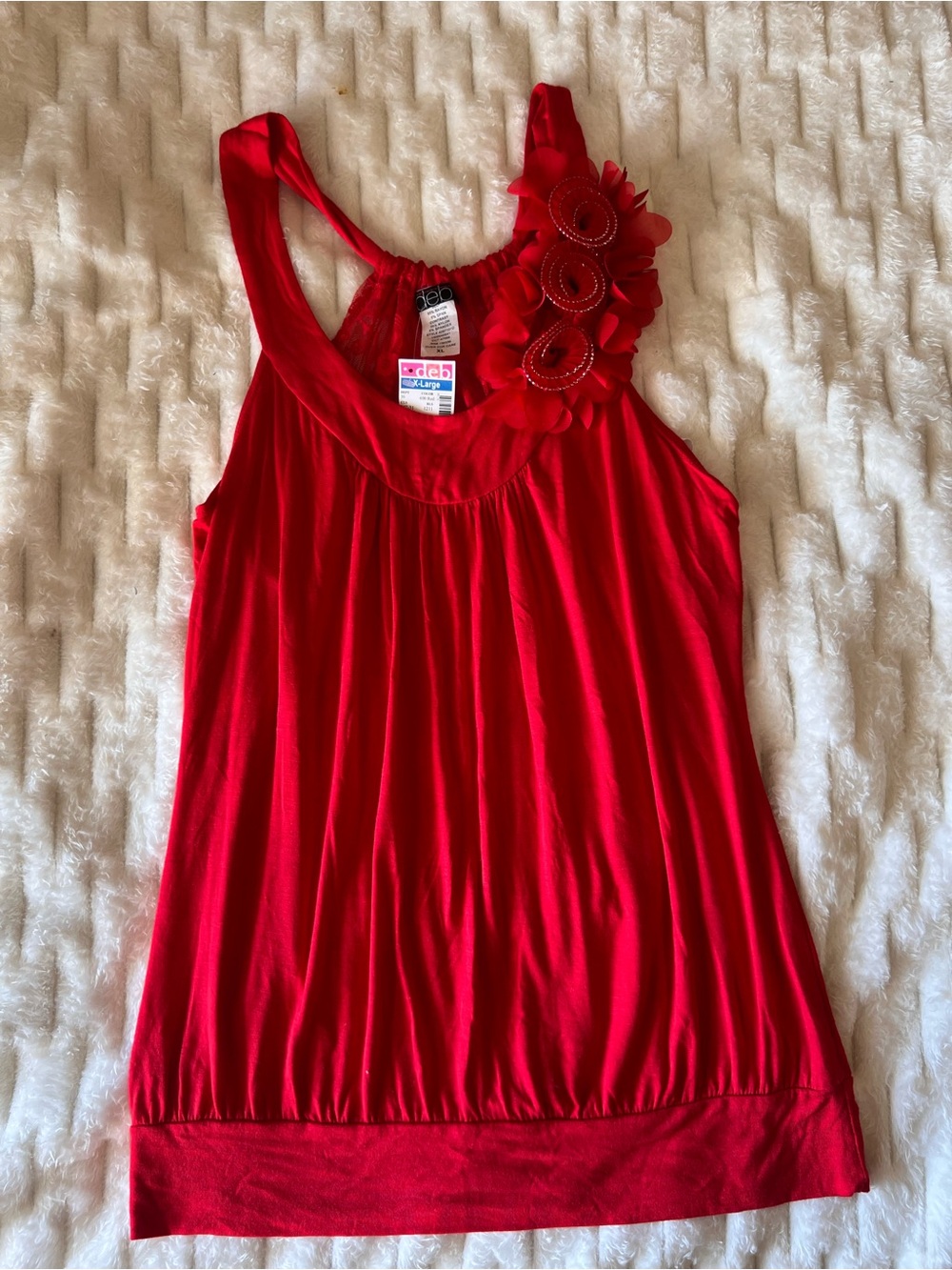 Y2K Deb Red Floral Applique Bubble Hem Tank Lace Back Blouse Top NWT XL Coquette
